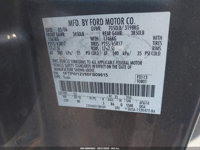 Продажа на аукционе авто 2006 Ford F-150 Lariat/xlt, vin: 1FTPW12V86FB09615, номер лота: 46093683