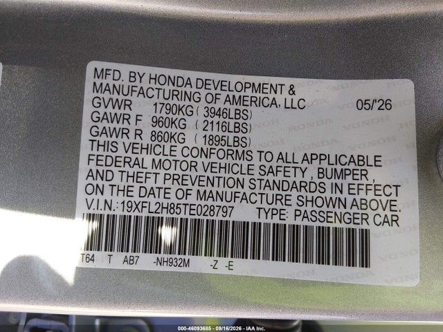 19XFL2H85TE028797 Honda Civic Sport