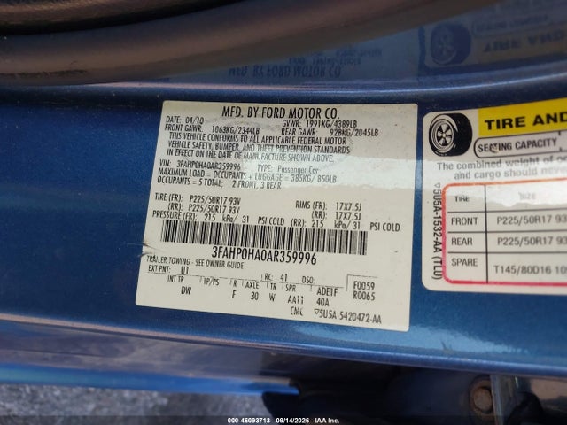 Продажа на аукционе авто 2010 Ford Fusion Se, vin: 3FAHP0HA0AR359996, номер лота: 46093713