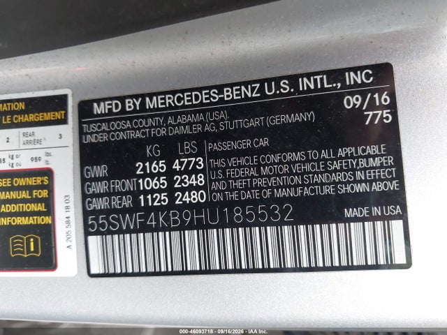 Aukcja sprzedaży 2017 Mercedes-benz C 300 4matic, vin: 55SWF4KB9HU185532, numer aukcji: 46093718