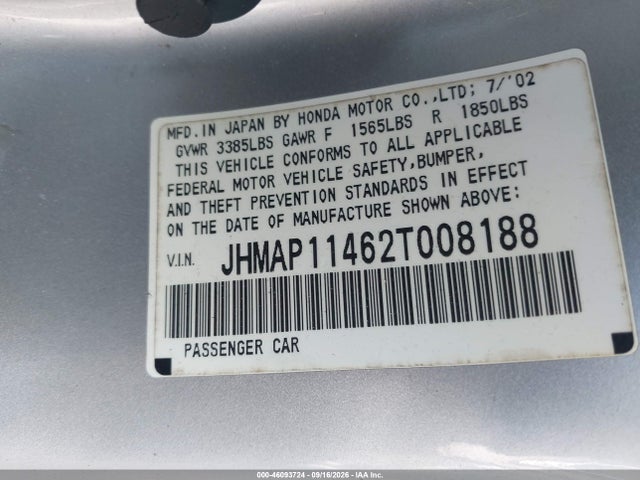 Aukcja sprzedaży 2002 Honda S2000, vin: JHMAP11462T008188, numer aukcji: 46093724