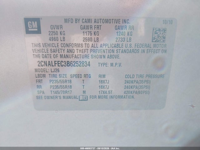 Aukcja sprzedaży 2011 Chevrolet Equinox Ltz, vin: 2CNALFEC3B6252834, numer aukcji: 46093727