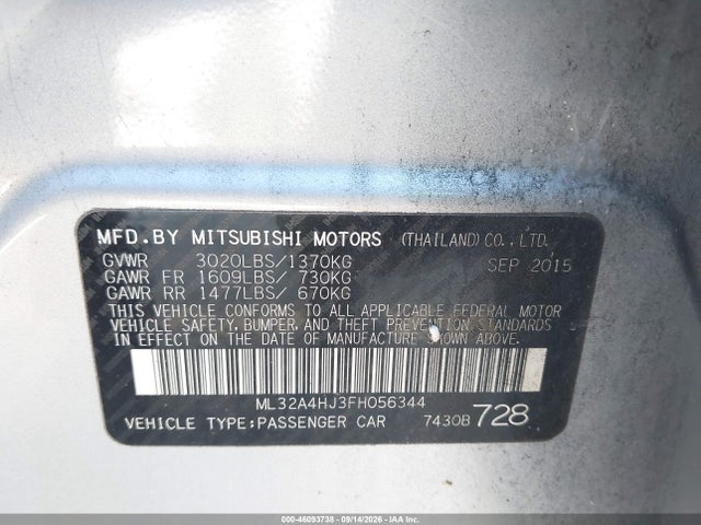 Продаж на аукціоні авто 2015 Mitsubishi Mirage Es, vin: ML32A4HJ3FH056344, номер лоту: 46093738