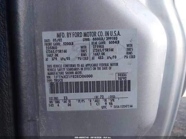 46093740 :رقم المزاد ، 1FTNX21F82ED06000 vin ، 2002 Ford F-250 Lariat/xl/xlt مزاد بيع