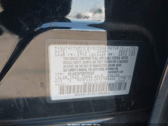 2017 Nissan Sentra Sv მანქანა იყიდება აუქციონზე, vin: 3N1AB7AP3HY386503, აუქციონის ნომერი: 46093747