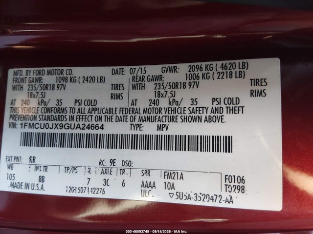 Ford Escape Titanium 2016 1FMCU0JX9GUA24664 Image 9