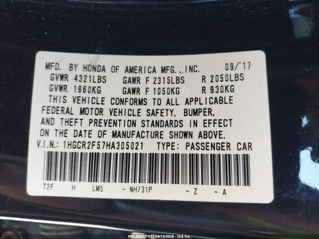 2017 Honda Accord Sport მანქანა იყიდება აუქციონზე, vin: 1HGCR2F57HA305021, აუქციონის ნომერი: 46093753