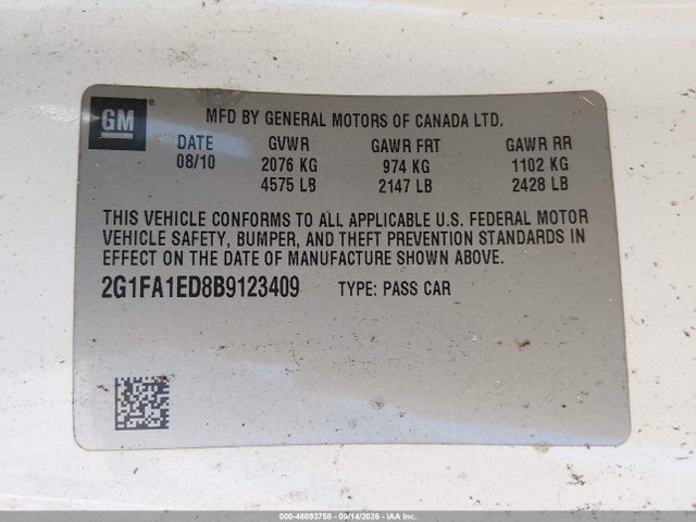46093758 :رقم المزاد ، 2G1FA1ED8B9123409 vin ، 2011 Chevrolet Camaro 2ls مزاد بيع