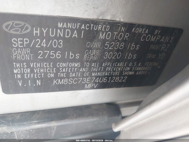46093783 :رقم المزاد ، KM8SC73E74U612822 vin ، 2004 Hyundai Santa Fe Gls/lx مزاد بيع