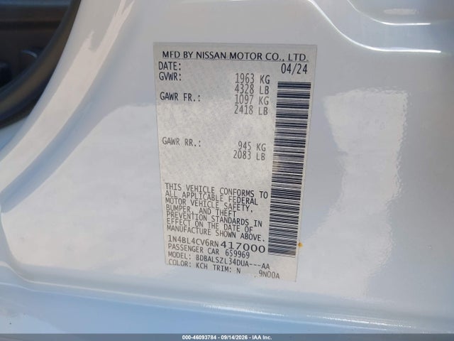 46093784 :رقم المزاد ، 1N4BL4CV6RN417000 vin ، 2024 Nissan Altima Sr Fwd مزاد بيع