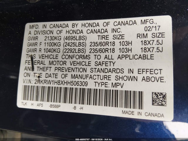Продажа на аукционе авто 2017 Honda Cr-v Ex-l/ex-l Navi, vin: 2HKRW1H8XHH506309, номер лота: 46093787