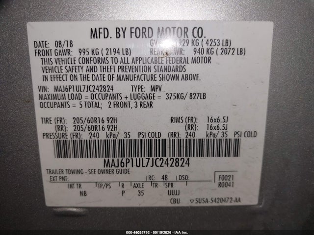 2018 Ford Ecosport Se მანქანა იყიდება აუქციონზე, vin: MAJ6P1UL7JC242824, აუქციონის ნომერი: 46093792