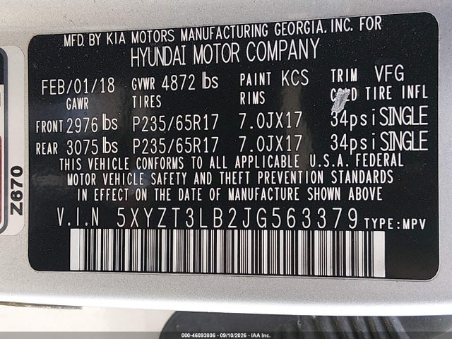 Продажа на аукционе авто 2018 Hyundai Santa Fe Sport 2.4l, vin: 5XYZT3LB2JG563379, номер лота: 46093806