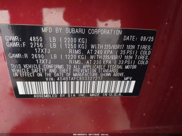 Продаж на аукціоні авто 2025 Subaru Outback Premium, vin: 4S4BTAFC8S3327217, номер лоту: 46093814