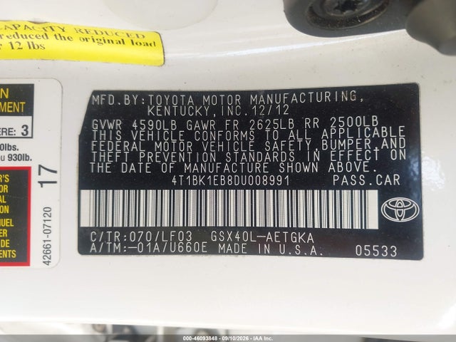 46093848 :رقم المزاد ، 4T1BK1EB8DU008991 vin ، 2013 Toyota Avalon Xle Premium مزاد بيع