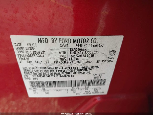 46093851 :رقم المزاد ، 2FMDK3KC7BBA97618 vin ، 2011 Ford Edge Limited مزاد بيع