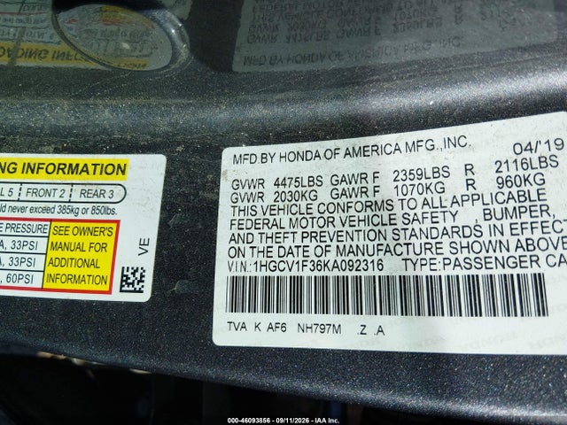 Auction sale of the 2019 Honda Accord Sport, vin: 1HGCV1F36KA092316, lot number: 46093856