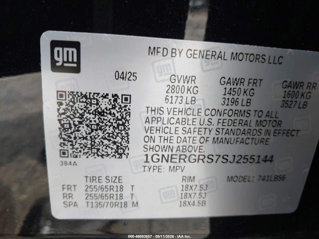 46093857 :رقم المزاد ، 1GNERGRS7SJ255144 vin ، 2025 Chevrolet Traverse Fwd Lt مزاد بيع