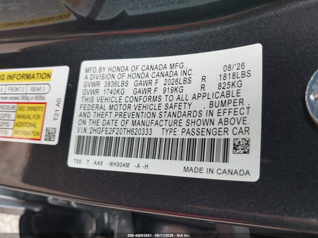 Продажа на аукционе авто 2026 Honda Civic Lx, vin: 2HGFE2F20TH620333, номер лота: 46093863