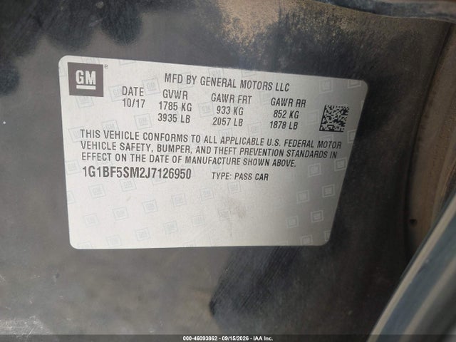 46093862 :رقم المزاد ، 1G1BF5SM2J7126950 vin ، 2018 Chevrolet Cruze Premier Auto مزاد بيع