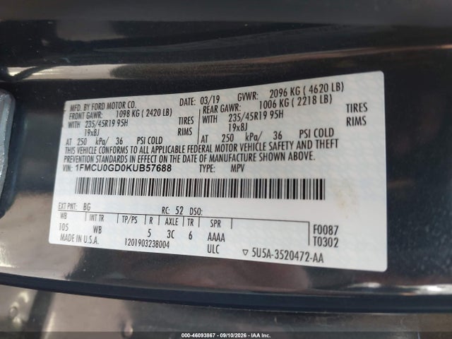 Продажа на аукционе авто 2019 Ford Escape Se, vin: 1FMCU0GD0KUB57688, номер лота: 46093867
