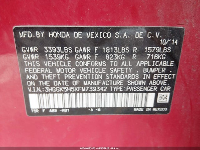 Продажа на аукционе авто 2015 Honda Fit Lx, vin: 3HGGK5H5XFM739342, номер лота: 46093875