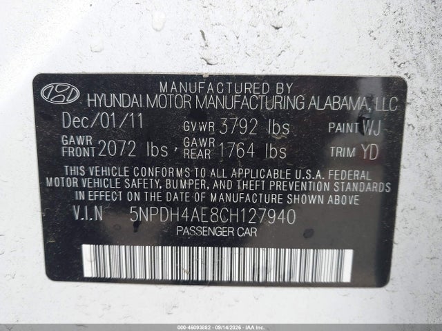 Aukcja sprzedaży 2012 Hyundai Elantra Gls, vin: 5NPDH4AE8CH127940, numer aukcji: 46093882