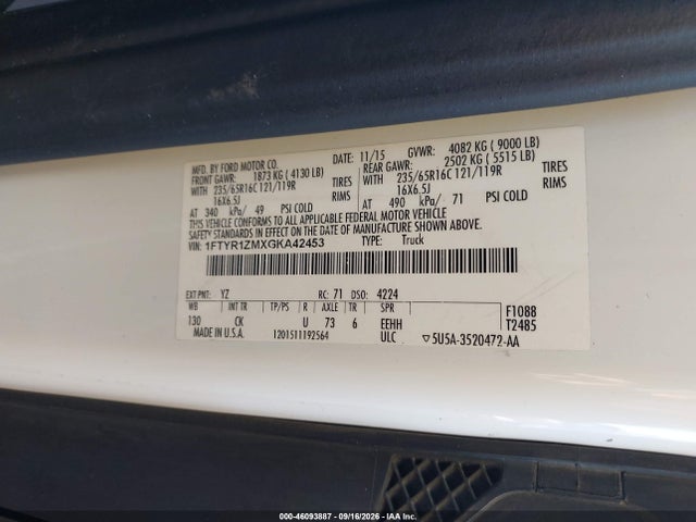 Aukcja sprzedaży 2016 Ford Transit-250, vin: 1FTYR1ZMXGKA42453, numer aukcji: 46093887