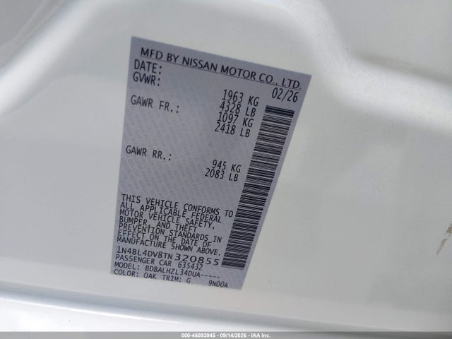1N4BL4DV8TN320855 Nissan Altima Sv Fwd