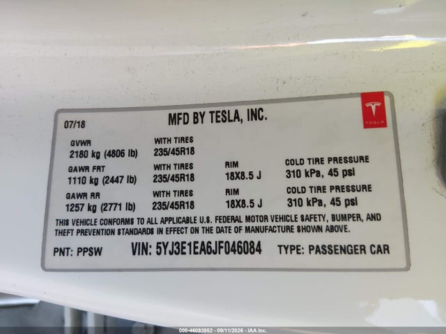 Продажа на аукционе авто 2018 Tesla Model 3 Long Range/mid Range, vin: 5YJ3E1EA6JF046084, номер лота: 46093952