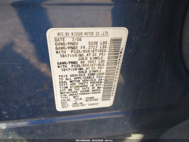 Продажа на аукционе авто 2009 Nissan Murano Sl, vin: JN8AZ18W89W149649, номер лота: 46093956