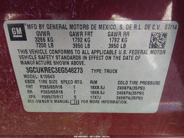 2014 Chevrolet Silverado 1500 Lt მანქანა იყიდება აუქციონზე, vin: 3GCUKREC3EG548273, აუქციონის ნომერი: 46093963