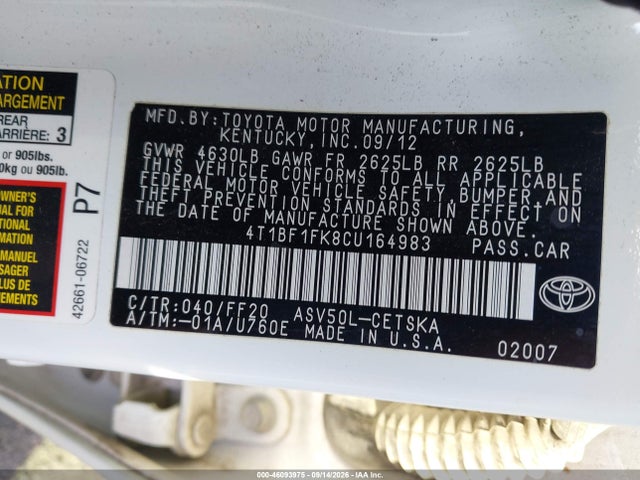 Aukcja sprzedaży 2012 Toyota Camry Se, vin: 4T1BF1FK8CU164983, numer aukcji: 46093975