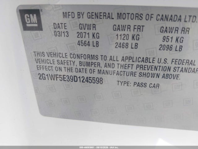 Aukcja sprzedaży 2013 Chevrolet Impala Ls, vin: 2G1WF5E39D1245598, numer aukcji: 46093981