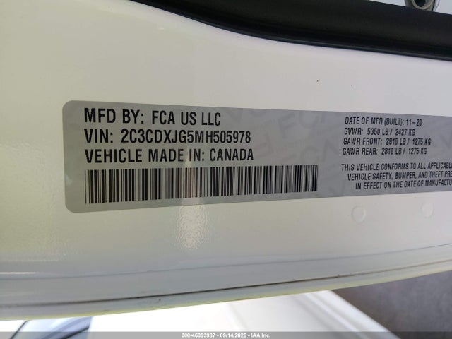 2021 Dodge Charger Sxt Awd მანქანა იყიდება აუქციონზე, vin: 2C3CDXJG5MH505978, აუქციონის ნომერი: 46093987