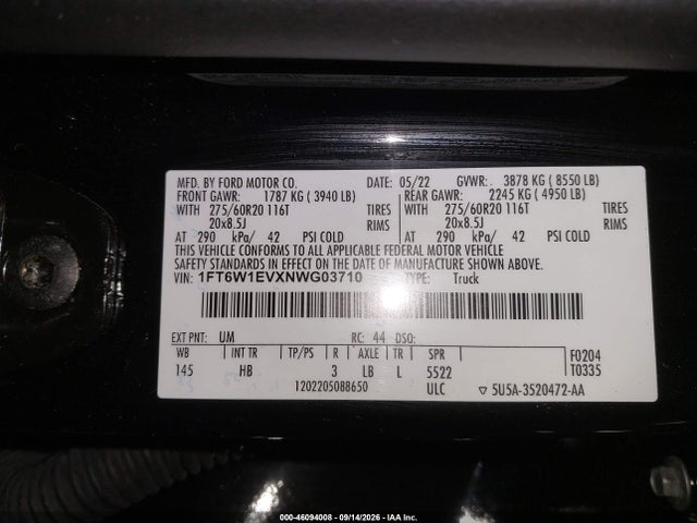 2022 Ford F-150 Lightning Lariat მანქანა იყიდება აუქციონზე, vin: 1FT6W1EVXNWG03710, აუქციონის ნომერი: 46094008