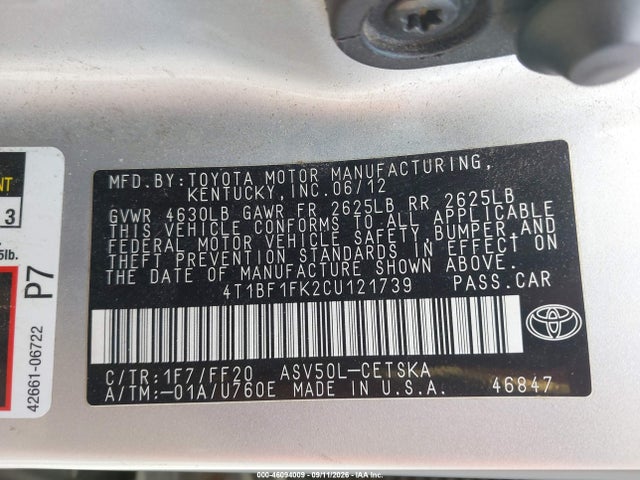 46094009 :رقم المزاد ، 4T1BF1FK2CU121739 vin ، 2012 Toyota Camry Se مزاد بيع