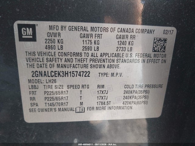 Chevrolet EQUINOX LT 2017 2GNALCEK3H1574722 Image 9
