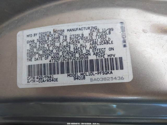 Aukcja sprzedaży 2000 Toyota Sienna Le, vin: 4T3ZF13C9YU233898, numer aukcji: 46094016