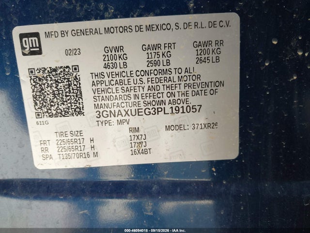 2023 Chevrolet Equinox Awd Lt მანქანა იყიდება აუქციონზე, vin: 3GNAXUEG3PL191057, აუქციონის ნომერი: 46094018