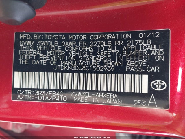 46094045 :رقم المزاد ، JTDKN3DU8C1502939 vin ، 2012 Toyota Prius Three مزاد بيع