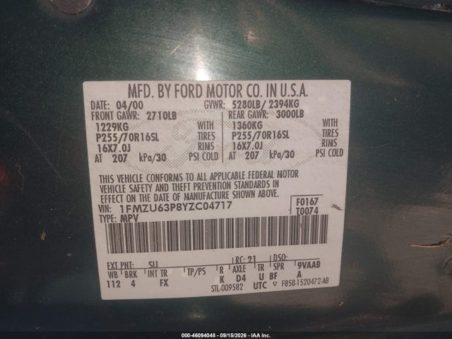 Aukcja sprzedaży 2000 Ford Explorer Xlt, vin: 1FMZU63P8YZC04717, numer aukcji: 46094048