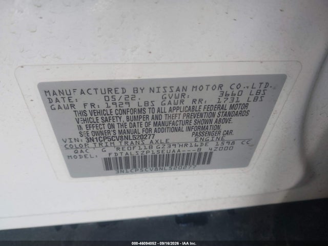 Продаж на аукціоні авто 2022 Nissan Kicks Sv Xtronic Cvt, vin: 3N1CP5CV8NL520277, номер лоту: 46094052