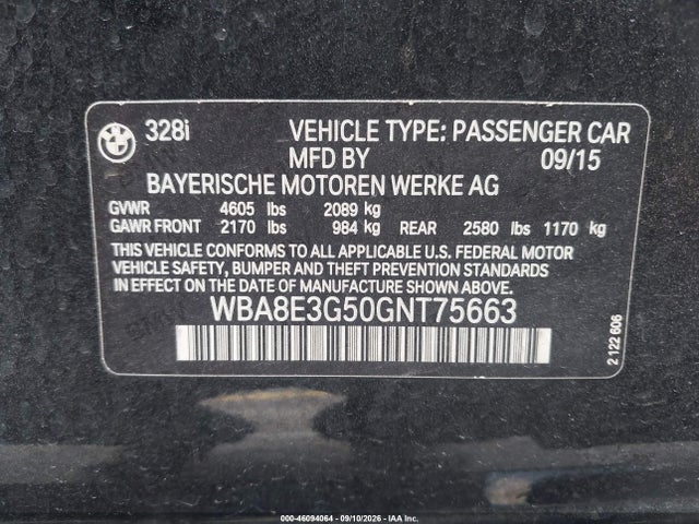 46094064 :رقم المزاد ، WBA8E3G50GNT75663 vin ، 2016 Bmw 328i Xdrive مزاد بيع