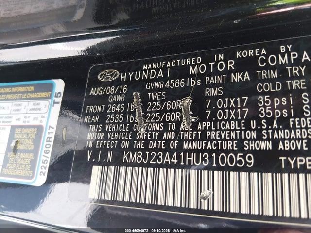 46094072 :رقم المزاد ، KM8J23A41HU310059 vin ، 2017 Hyundai Tucson Se مزاد بيع
