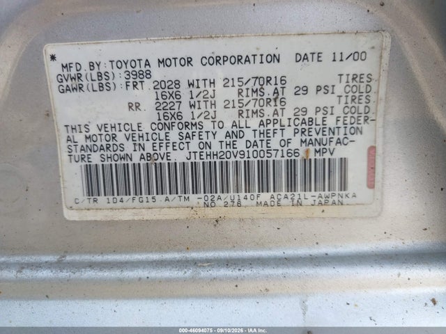 2001 Toyota Rav4 მანქანა იყიდება აუქციონზე, vin: JTEHH20V910057166, აუქციონის ნომერი: 46094075