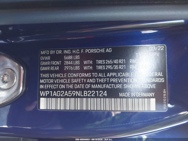 Продажа на аукционе авто 2022 Porsche Macan S, vin: WP1AG2A59NLB22124, номер лота: 46094083
