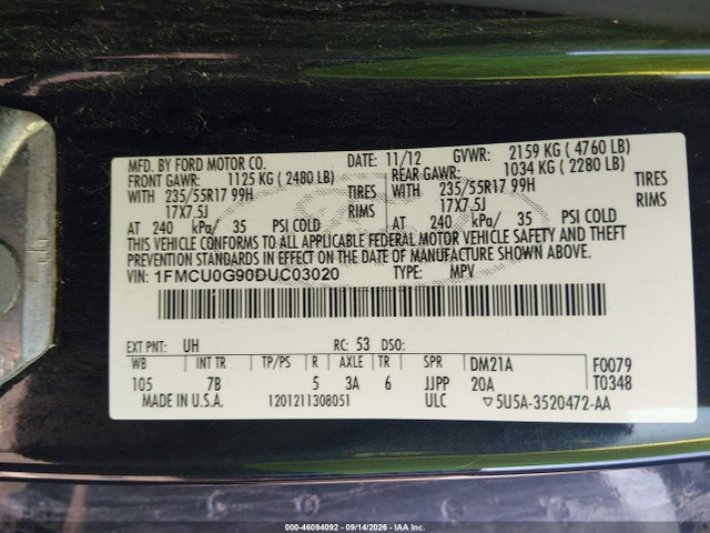 Продажа на аукционе авто 2013 Ford Escape Se, vin: 1FMCU0G90DUC03020, номер лота: 46094092