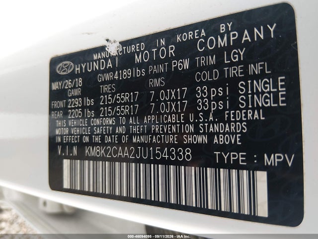 Aukcja sprzedaży 2018 Hyundai Kona Sel, vin: KM8K2CAA2JU154338, numer aukcji: 46094095