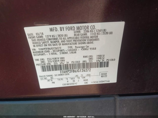 2018 Ford Taurus Limited მანქანა იყიდება აუქციონზე, vin: 1FAHP2F86JG126272, აუქციონის ნომერი: 46094097